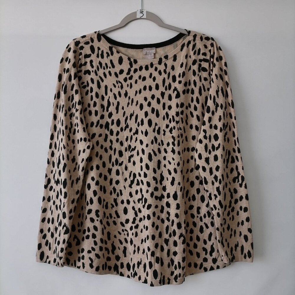 Chico's Womens Tan Brown Crew Neck Leopard Print Pullover Sweater Size 2 US L